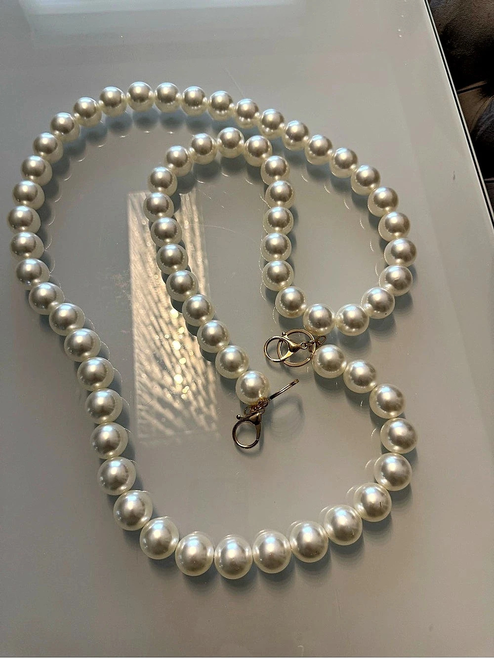 Chunky Faux Pearl Purse Strap Ivory Beaded Bag Chain Gold Tone Clasps